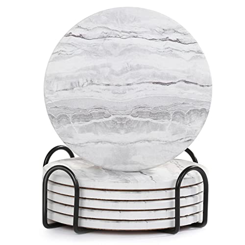 Marble Style Ceramic Coasters with Holder, Set of 6, 4 Inches