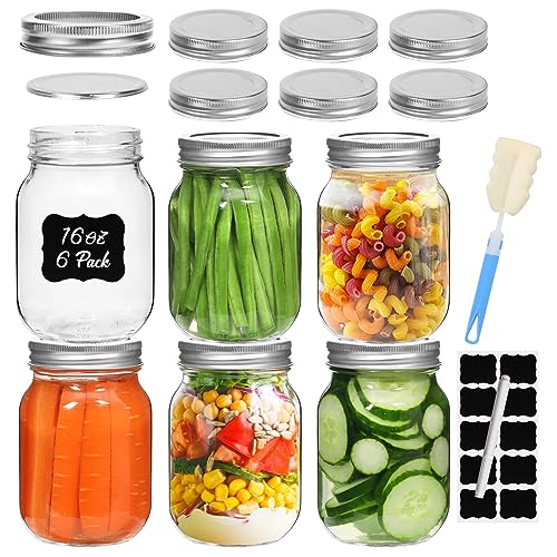 Miukada 16 oz Regular Mouth Glass Canning Jars - 6 Pack