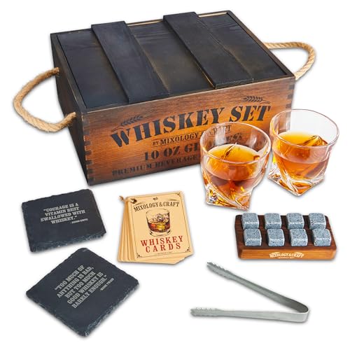 Mixology & Craft Whiskey Gift Set - 2 Glasses, 8 Chilling Rocks, Wooden Box
