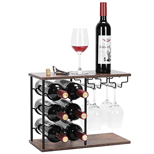 MOOACE Wine Rack with 6 Bottle and 4 Glasses Capacity