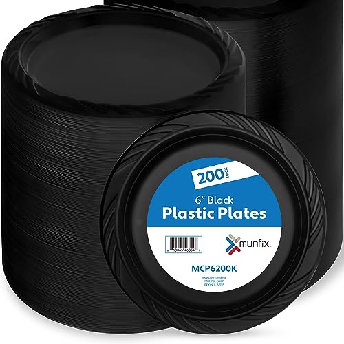 Munfix 6" Black Plastic Dessert Plates - 200 Pack