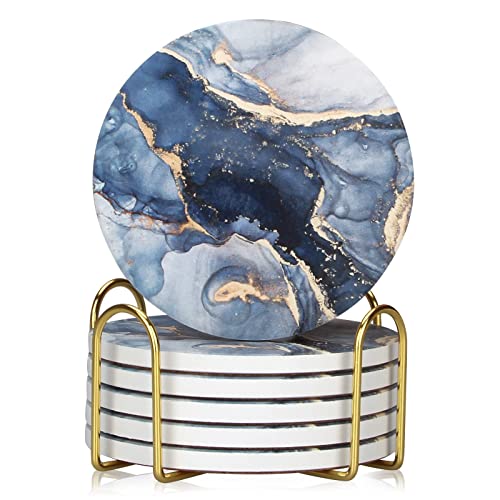 Navy Blue Marble Ceramic Coasters Set