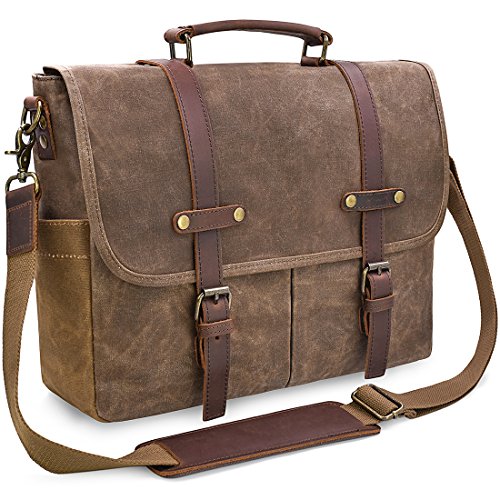 NEWHEY Vintage Leather Messenger Bag, 15.6" Waterproof Laptop Briefcase, Brown
