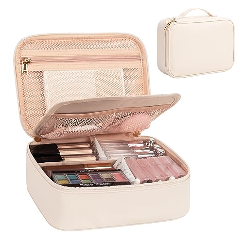 Ocheal Portable Makeup Organizer Bag with Compartments - Beige White