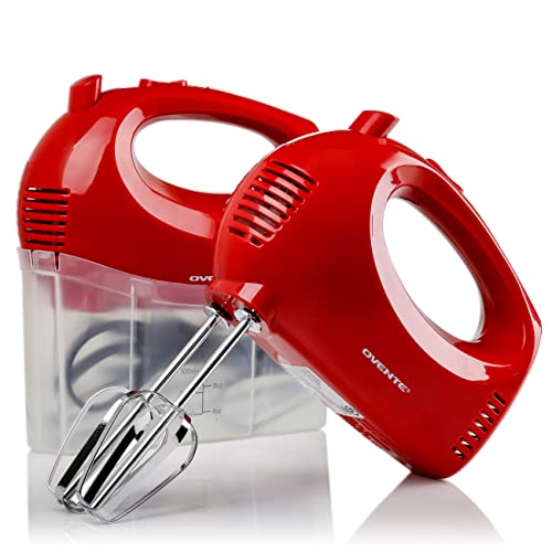 Ovente 5-Speed Hand Mixer with Snap Storage Case, Red
