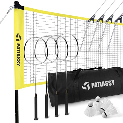 Patiassy Portable Badminton Set with Winch, Rackets, Shuttlecocks & Bag (Yellow)