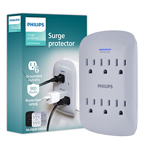 Philips 6-Outlet Surge Protector, 900 Joules, Space Saving Design, Grey, 1 Pack