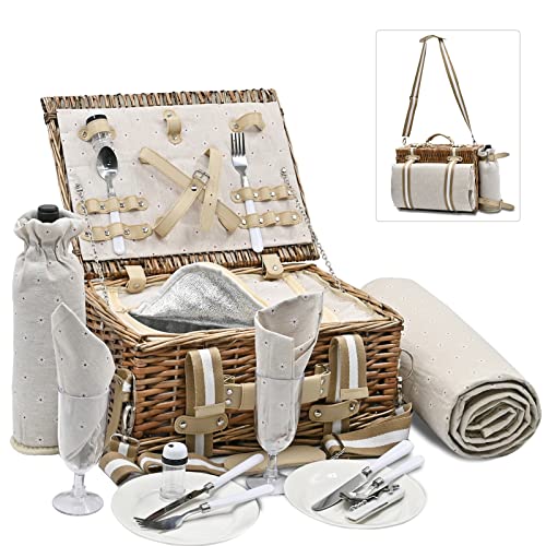 Romantic Picnic Basket for 2 with Insulated Cooler and Blanket