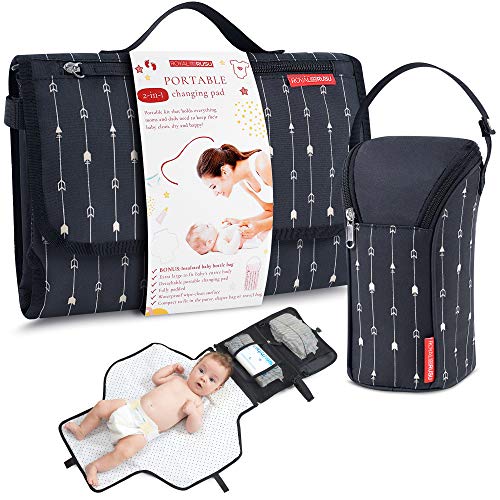 Royal Rusu 2-in-1 Portable Diaper Changing Pad with Insulated Bottle Bag (Black)