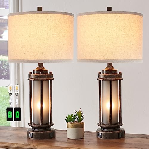 Rustic Farmhouse Table Lamps with USB Charging Ports and Night Light