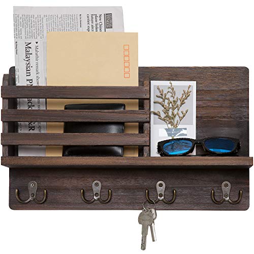 Rustic Wall Mounted Mail & Key Holder with Shelf - Brown