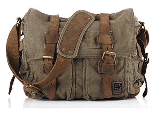 Sechunk Vintage Military Leather Canvas Laptop Bag Messenger - Army Green