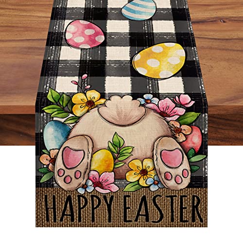 Seliem Easter Bunny Rabbit Table Runner, Eggs Buffalo Plaid Check Decoration