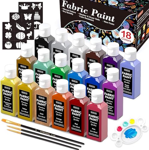 Shuttle Art 18-Color Permanent Fabric Paint Set with Brushes & Stencils