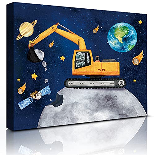 Space Theme Astronaut and Planet Canvas Art for Kids Room (12”X16”, Framed)