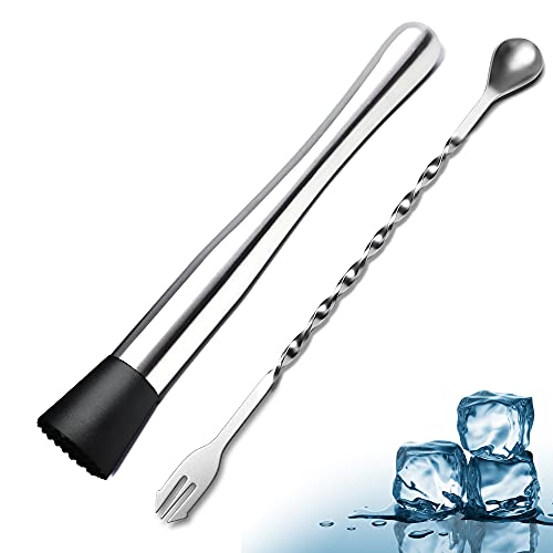 Stainless Steel Cocktail Muddler & Spoon Set for Home Bar Cocktails
