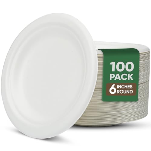 TaidMiao 100 Pack 6 Inch Compostable Dessert Plates - White