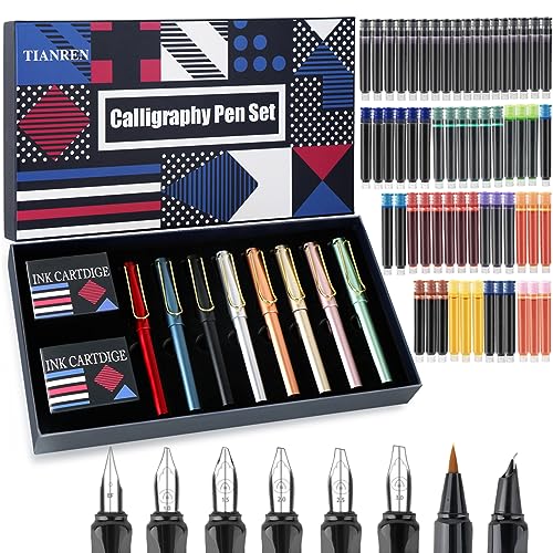 TIANREN Calligraphy Pen Set with 8 Nibs and 60 Ink Cartridges