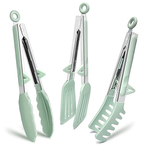 TOWINGO 9 Inch Food Grade Silicone Mini Serving Tongs Set of 3 Green