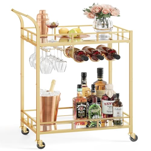 VASAGLE Gold Home Bar Cart with Mirrored Shelves, Wine & Glass Holders