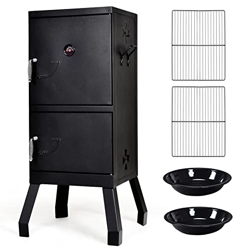 Vertical Charcoal Smoker with Double Doors, 2 Detachable Racks, Thermometer