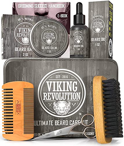 Viking Revolution Men's Beard Care Kit with Brush, Comb, Balm, Oil & Scissors