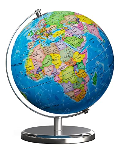 Waldauge 9" Illuminated World Globe: HD Map, LED Constellations, Metal Base