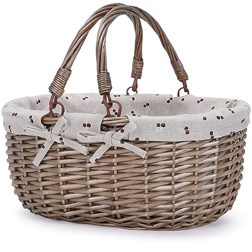 Willow Hand-Woven Oval Picnic Basket with Folding Handles - Beige