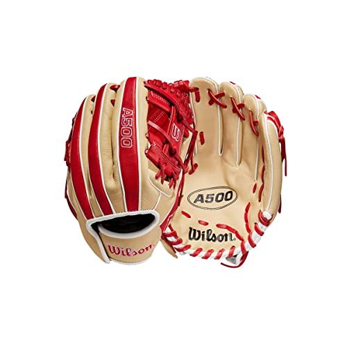 Wilson A500 11 inch Youth Baseball Glove - Right Hand Throw, Blonde/Red/White