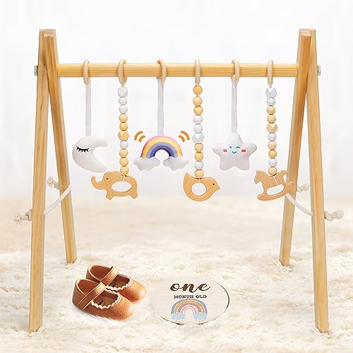 Wooden Baby Play Gym with 6 Gym Toys
