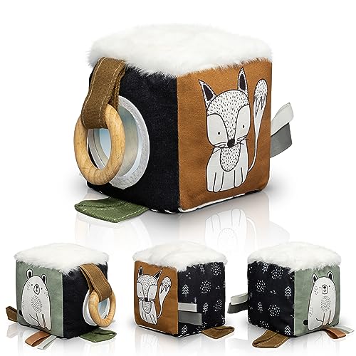 ZICOTO Soft Toy Block with Wooden Ring: High Contrast Activity Cube for Newborns
