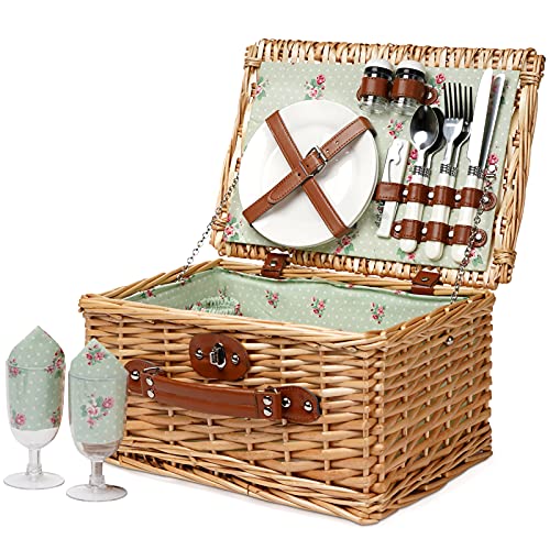 ZORMY 2 Person Handmade Willow Picnic Basket with Utensils